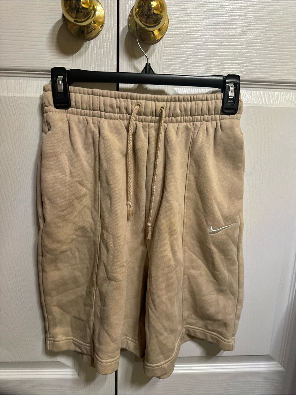 Nike Men’s Tan Fleece Drawstring Shorts with White Swoosh